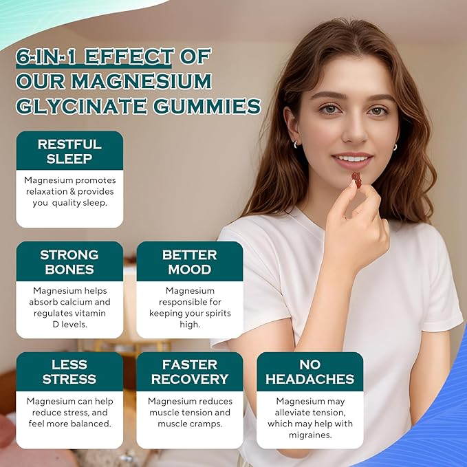 Magnesium Glycinate Gummies 1000mg - Sugar Free Magnesium Potassium Supplement with Vitamin D, B6, CoQ10 for Calm Mood & Sleep Support - 60 Blueberry Gummies