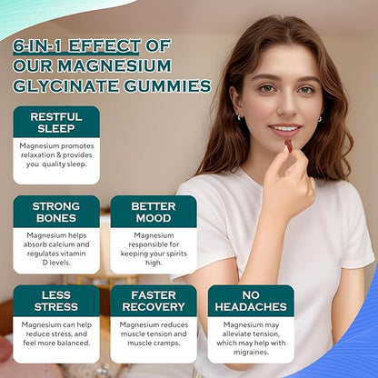 Magnesium Glycinate Gummies 1000mg - Sugar Free Magnesium Potassium Supplement with Vitamin D, B6, CoQ10 for Calm Mood & Sleep Support - 60 Blueberry Gummies