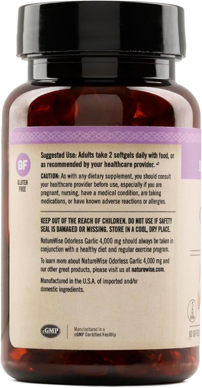 NatureWise Odorless Garlic Supplement 4000mg - Ultra Potent 100:1 Extract - Healthy Cholesterol Formula, Heart Health Support - Non-GMO, Gluten Free, with Halal Gelatin - 60 Count[30-Day Supply]