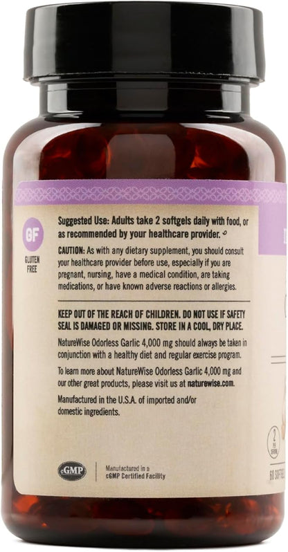 NatureWise Odorless Garlic Supplement 4000mg - Ultra Potent 100:1 Extract - Healthy Cholesterol Formula, Heart Health Support - Non-GMO, Gluten Free, with Halal Gelatin - 60 Count[30-Day Supply]