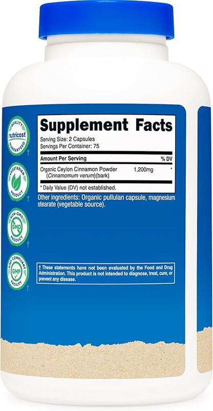 Nutricost Organic Cinnamon (Ceylon Cinnamon) 1,200mg Serving, 150 Capsules - Gluten Free, Non-GMO