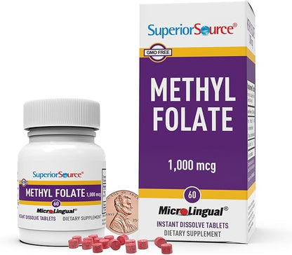 Superior Source Methyl Folate 1,000 mcg - Folate Supplement for Women & Men - Methylated Folate Supplement Supports Healthy Nervous System & Red Blood Cells - 60 Sublingual Dissolving Tablets