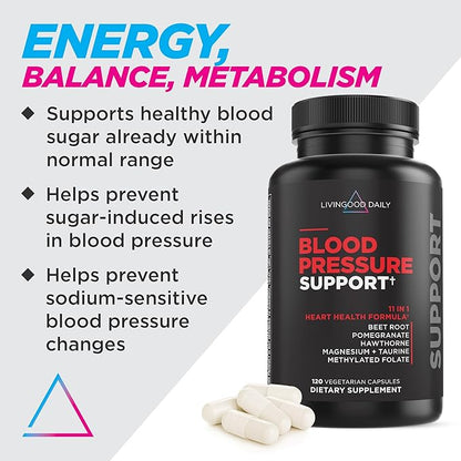 Livingood Daily Blood Pressure Support, 120 Vegetarian Capsules - Blood Pressure Supplements with Beet Root, Pomegranate, & Hawthorn Support High Blood Pressure & Heart Health - Vegan & Non-GMO