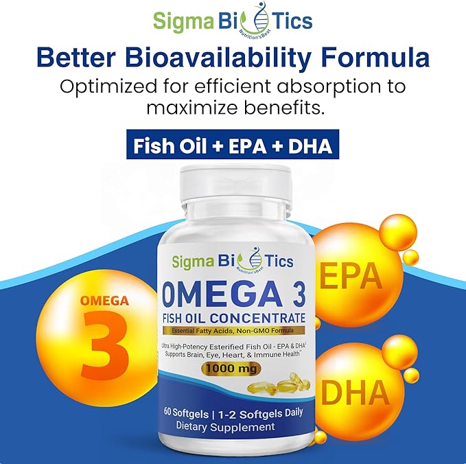 Sigma Biotics Omega 3 Fish Oil 1000mg - Supplements with High EPA & DHA Concentration for Heart, Brain & Joint Health - Non-GMO, Purity-Tested Fish Oil Supplements - 60 Softgels