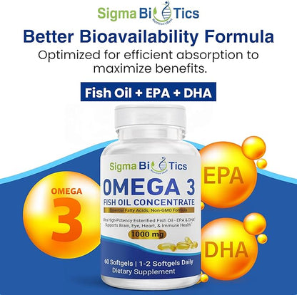 Sigma Biotics Omega 3 Fish Oil 1000mg - Supplements with High EPA & DHA Concentration for Heart, Brain & Joint Health - Non-GMO, Purity-Tested Fish Oil Supplements - 60 Softgels