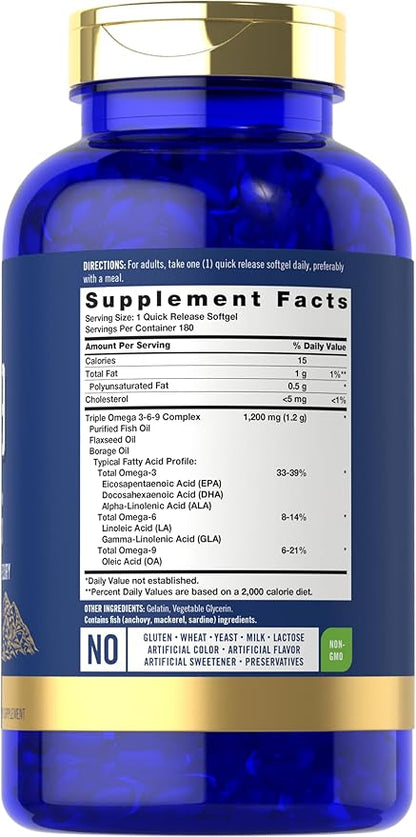 Carlyle Omega 3-6-9 1200mg | 180 Softgel Capsules | Triple Omega Supplement | Fish, Flaxseed & Borage Oils with EPA & DHA | Non-GMO & Gluten Free