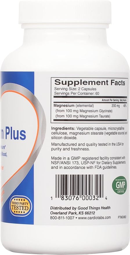 Magnesium Plus – 200 mg of Magnesium Glycinate and Magnesium Taurate for Blood Pressure, Heart, Brain, Sleep & Mood Support – Highly Concentrated and Well Absorbed - 120 Capsules