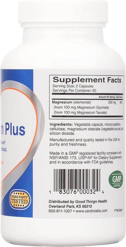 Magnesium Plus – 200 mg of Magnesium Glycinate and Magnesium Taurate for Blood Pressure, Heart, Brain, Sleep & Mood Support – Highly Concentrated and Well Absorbed - 120 Capsules