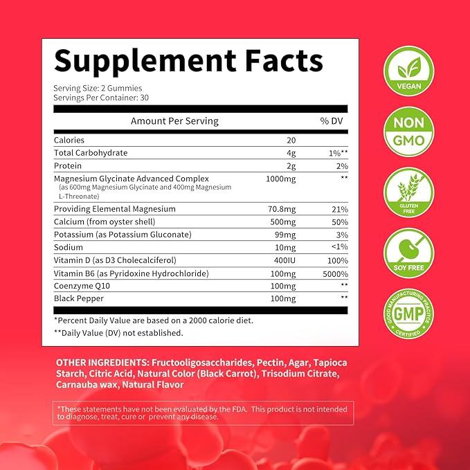 Magnesium Glycinate Gummies 1000mg - for Adults Magnesium Potassium Supplement with Vitamin D, B6, CoQ10 for Calm Mood & Sleep Support - 120 Strawberry Flavor-2 Pack