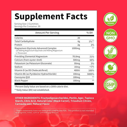 Magnesium Glycinate Gummies 1000mg - for Adults Magnesium Potassium Supplement with Vitamin D, B6, CoQ10 for Calm Mood & Sleep Support - 120 Strawberry Flavor-2 Pack