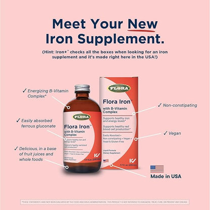 Flora Iron - Vegan Liquid Iron Supplement with B Vitamins - Offers Red Blood Cell & Energy Support - Yeast-Free & Gluten-Free - Delicious Fruit Juice Base - 15 fl. oz. Glass Bottle
