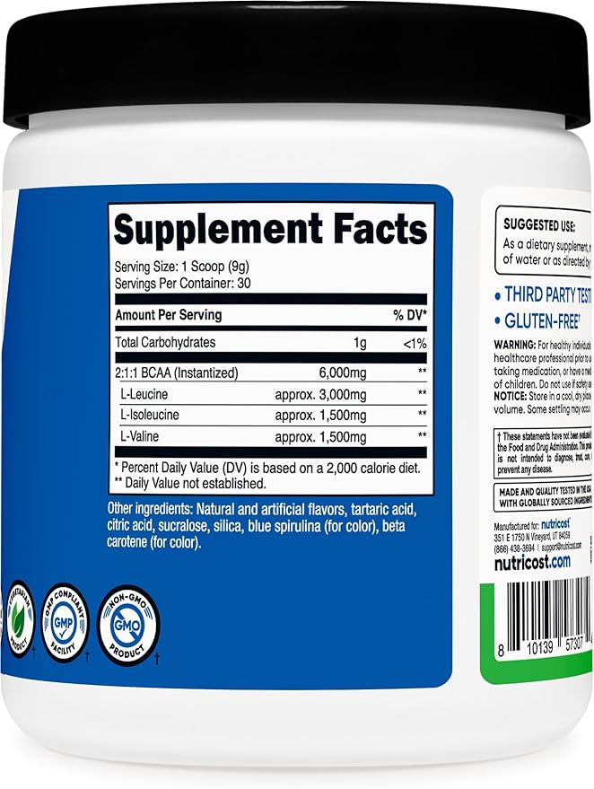 Nutricost BCAA Powder (Green Apple) 30 Servings - Vegetarian, Non-GMO, Gluten Free, Optimal 2:1:1 Ratio