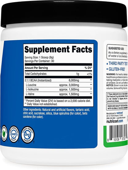 Nutricost BCAA Powder (Green Apple) 30 Servings - Vegetarian, Non-GMO, Gluten Free, Optimal 2:1:1 Ratio
