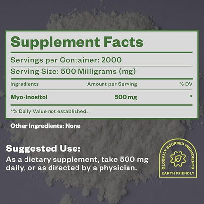 Myo-Inositol Powder, 1 kg, Fertility, Hormonal Balance and Ovarian Support, Pure Inositol Powder, Myo Inositol Supplement to Support Energy and Brain Wellness, Vegan, Non-GMO, 2000 Servings