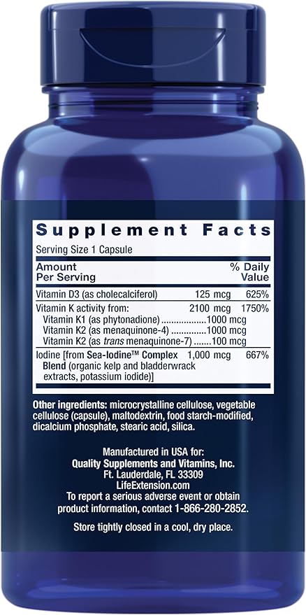 Life Extension Vitamins D and K with Sea-Iodine, vitamin D3, vitamin K1 and K2, iodine, supports immune, bone, arterial and thyroid health, non-GMO, gluten-free, 60 capsules