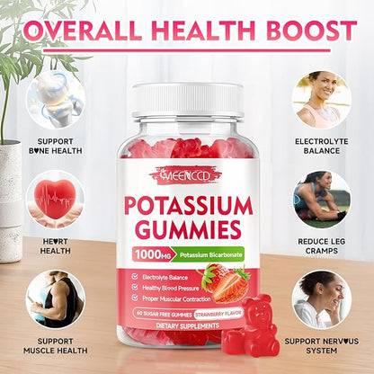 2 Pack Potassium Gummies 1000mg, Potassium Bicarbonate Supplement for Adults & Kids, Potassium Supplement for Electrolyte Balance & Muscle Heath, Sugar-Free, Strawberry Flavor, 120 Count