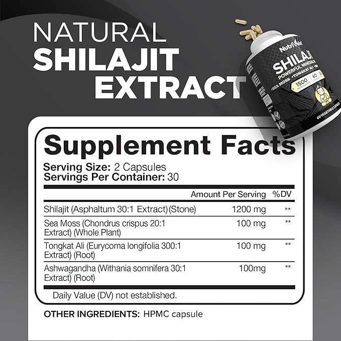 Nutrivein Premium Pure Himalayan Shilajit for Men and Women - 1500 mg - 60 Capsules- Powerful Resin Extract Blended with Irish Sea Moss, Tongkat Ali, & Ashwagandha - Vitality, Clarity, & Performance