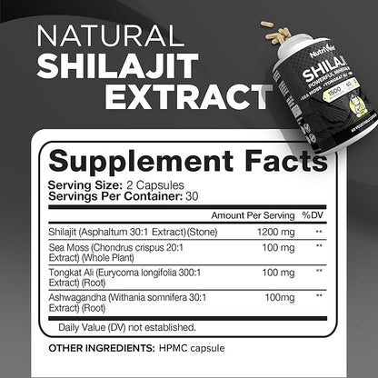 Nutrivein Premium Pure Himalayan Shilajit for Men and Women - 1500 mg - 60 Capsules- Powerful Resin Extract Blended with Irish Sea Moss, Tongkat Ali, & Ashwagandha - Vitality, Clarity, & Performance