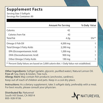 Triple Strength Omega 3 Fish Oil 4200mg - Lemon Flavored | EPA & DHA Fatty Acids | 1200mg EPA + 900mg DHA | Deep Sea Fish | Burpless Fish Oil Supplement - 240 Softgels