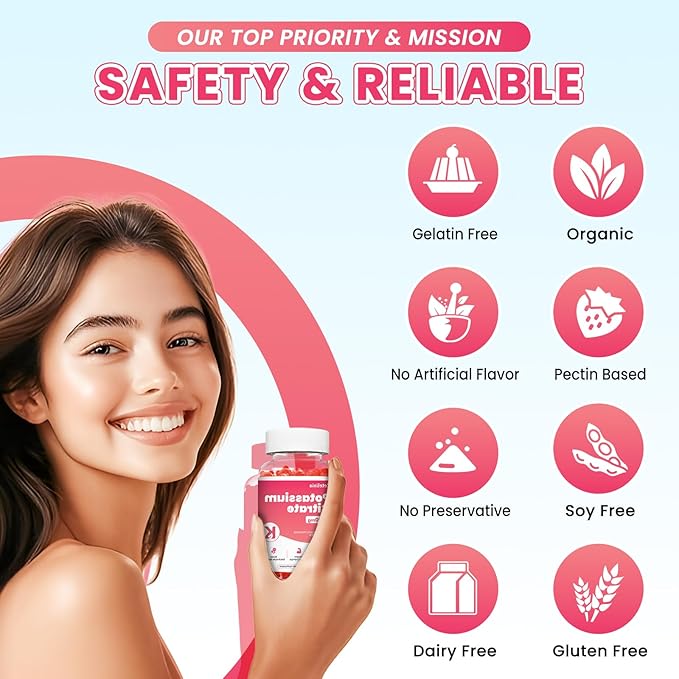 Potassium Gummies for Adults Women & Men, Potassium Citrate Supplement, Support Leg Cramps, Muscle Health & Electrolyte Balance, Sugar Free, Organic, Vegan, Strawberry, 60 Cts