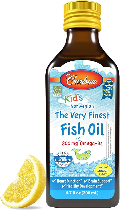 Carlson - Kid's The Very Finest Fish Oil Liquid, 800 mg Omega-3s, Norwegian, Wild-Caught Fish Oil, Omega 3 Liquid for Kids, Sustainably Sourced, Lemon, 200 ml