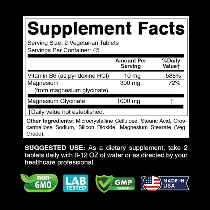 Magnesium Glycinate 10000 mg per Serving Providing 300mg of Elemental Magnesium - 90 Vegetarian Tablets - Chelated Form - Supports Muscle, Joint, and Heart Health*