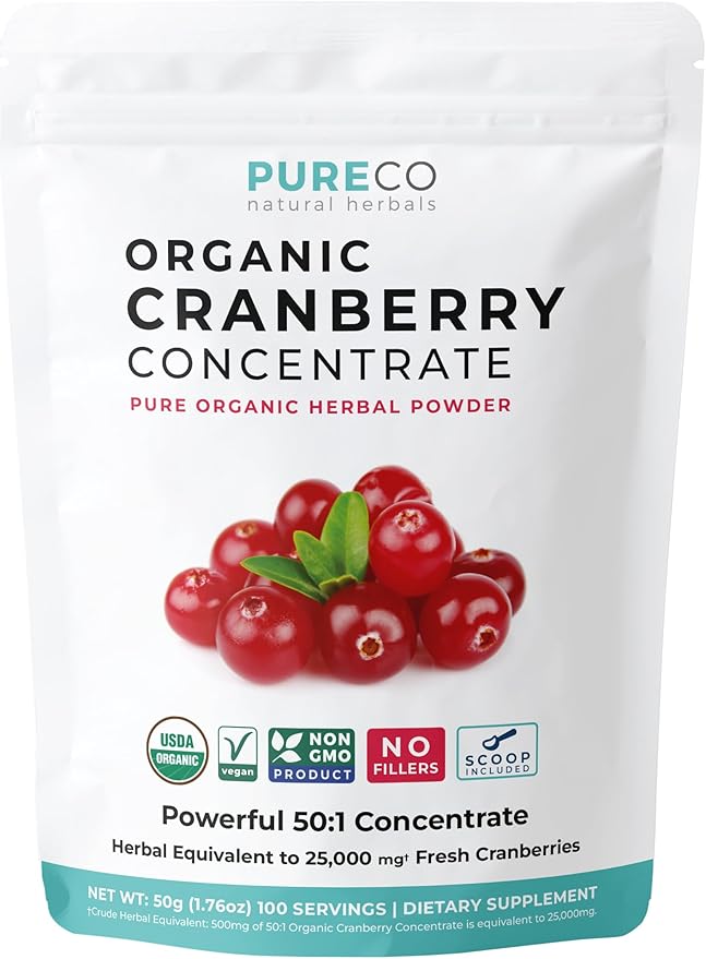 USDA Organic Cranberry Concentrate (50:1) Powder - 500mg is Equivalent to 25,000mg of Fresh Cranberries - for Kidney Cleanse & UTI Support Vitamins - Women - Supplement - 100 Servings - No Pills