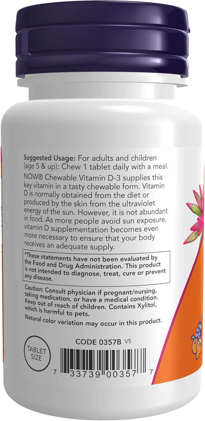 NOW Supplements, Vitamin D-3 1,000 IU, Natural Fruit Flavor, Structural Support*, 180 Chewables (Pack of 2)
