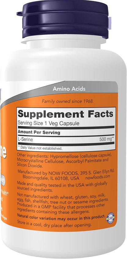 NOW Supplements, L-Serine 500 mg, Nervous System Health, 120 Veg Capsules