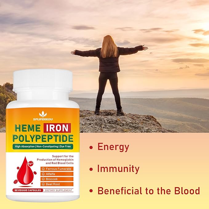 Heme Iron Supplement for Women and Men - Easy to Absorb -Gut Friendly, Iron Supplement with Folate, Vitamin C and Vitamin A - Vegan - 60 Caps
