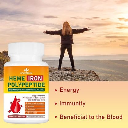 Heme Iron Supplement for Women and Men - Easy to Absorb -Gut Friendly, Iron Supplement with Folate, Vitamin C and Vitamin A - Vegan - 60 Caps