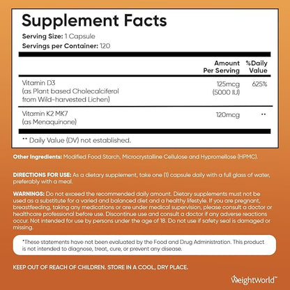 WeightWorld Vitamin D3 K2 - Vitamin D3 5000 IU (125mcg) & K2 MK7 (120mcg) - 120 Capsules (4 Months Supply) - Vegan Vitamin D Supplement for Bone Strength & Immune Health - Easy to Swallow
