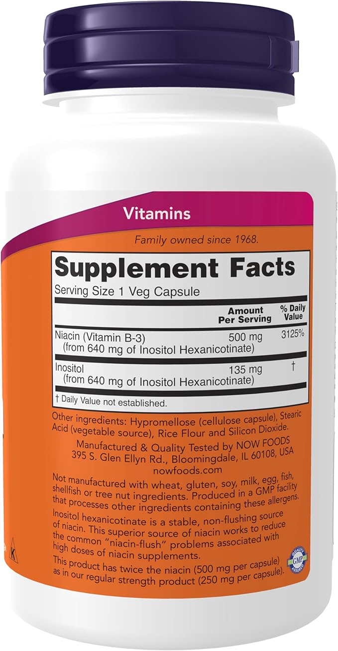 NOW Foods Supplements, Niacin (Vitamin B-3) 500 mg, Flush-Free, Double Strength, Nutritional Health, 90 Veg Capsules