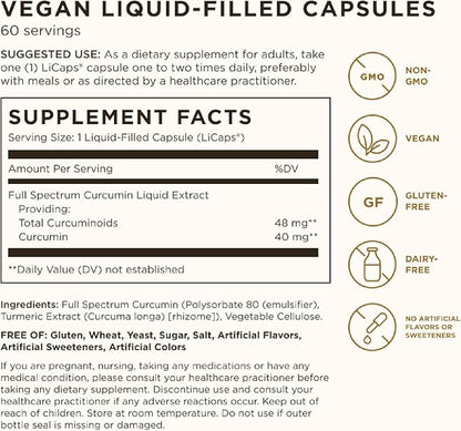 Solgar Full Spectrum Curcumin - 60 LiCaps - Superior Absorption - Brain, Joint & Immune Health - Non-GMO, Vegan, Gluten Free, Dairy Free - 60 Servings