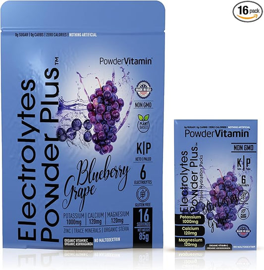 Electrolytes Powder Plus, Keto, Blueberry Grape, Sugar Free, Pink Himalayan Salt, 1000mg Potassium, 120mg Calcium, 120mg Magnesium, Non-GMO, Zero Calories, (16 Hydration Packets)