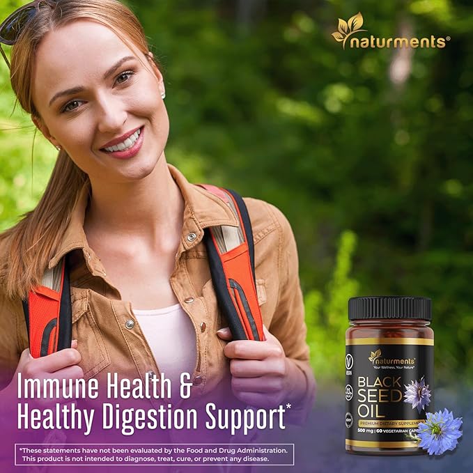 Naturments Premium Black Seed Oil Vegetarian Capsules 100% Organic Unrefined Non GMO Cold Pressed Extra Virgin Nigella Sativa Pure Halal Kalonji Oil - 60 Capsules (500 mg Each)