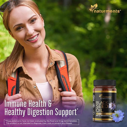 Naturments Premium Black Seed Oil Vegetarian Capsules 100% Organic Unrefined Non GMO Cold Pressed Extra Virgin Nigella Sativa Pure Halal Kalonji Oil - 60 Capsules (500 mg Each)