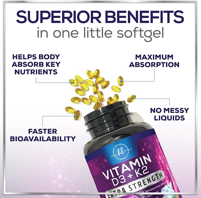 Vitamin D3 5000 IU with K2 100 mcg - D3 K2 Supplement, 2 in 1 Vitamins D & K2 Complex Softgels for Calcium Absorption, Bone, Teeth, Heart & Immune Support, Easy to Swallow, Non GMO - 120 Softgels