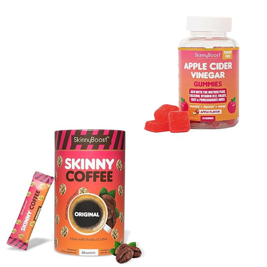 SkinnyBoost Instant Skinny Coffee Unflavored + Sugar-Free Apple Cider Vinegar Gummies Bundle – Slimming Coffee & ACV with The Mother, B Vitamins, Pomegranate