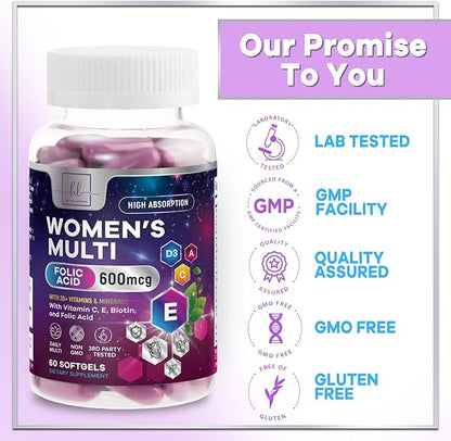 Multivitamin for Women - Vitamin A, C, D, E, and 8 B Vitamins for Energy & Immune Support, with Biotin, Iron & Zinc for Bone & Skin Health, Daily Womens Multivitamin & Minerals - 60 Softgels