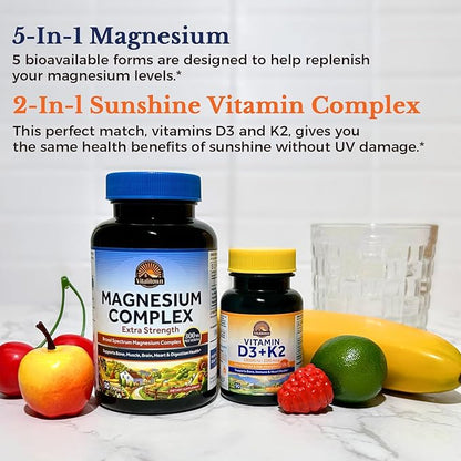 Vitalitown Magnesium Complex and Vitamin D3 K2 Bundle (Pack of 2) | Magnesium 5-in-1 Complex (Item 1) & Vitamin D3 K2 Supplement (Item 2) | 90 Capsules + 90 Softgels
