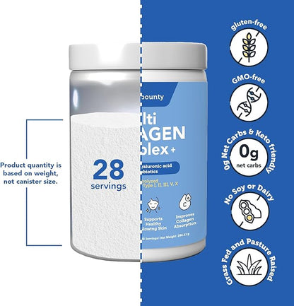 Vitamin Bounty Multi Collagen Complex Plus - 5 Types of Hydrolyzed Collagen Peptides for Women & Men w/Vitamin C, Hyaluronic Acid & Probiotics | Supports Skin, Hair, Joints & Gut Health | 28 Servings