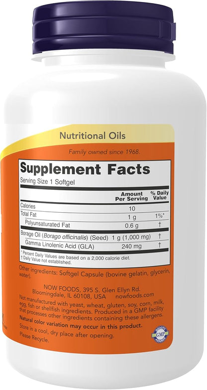 NOW Foods Supplements, Borage Oil 1000 mg with 240mg of GLA (Gamma Linolenic Acid), 120 Softgels