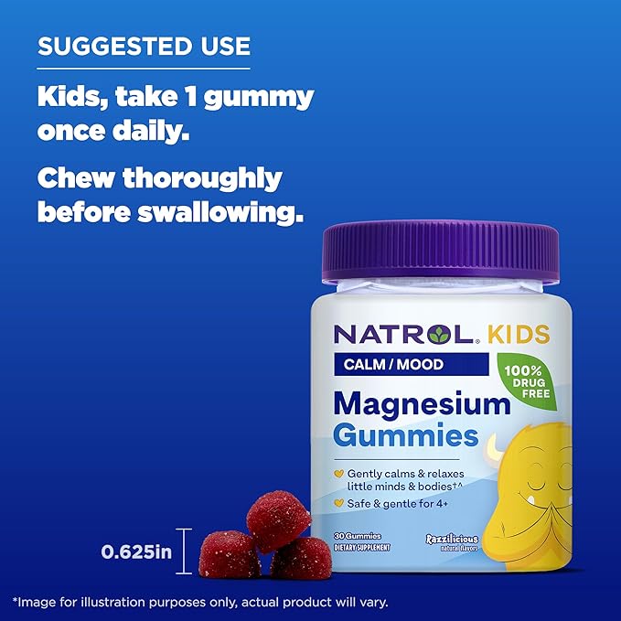 Natrol Kids Magnesium Citrate Gummies, Gently Calm and Relax Little Minds and Bodies, Plus Support Healthy Muscle Relaxation and Function, 30 Razzilicious Gummies, Up to a 30 Day Supply