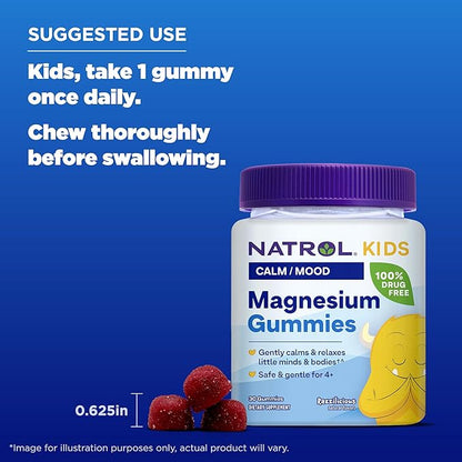 Natrol Kids Magnesium Citrate Gummies, Gently Calm and Relax Little Minds and Bodies, Plus Support Healthy Muscle Relaxation and Function, 30 Razzilicious Gummies, Up to a 30 Day Supply
