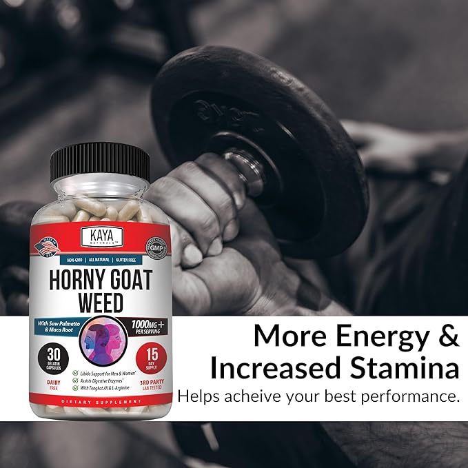 Kaya Naturals Horny Goat Weed for Men and Women - 1560mg Complex with Maca, Saw Palmetto, Ginseng, Arginine Vitamin Supplement - Horny Goat Weed - 30 Count