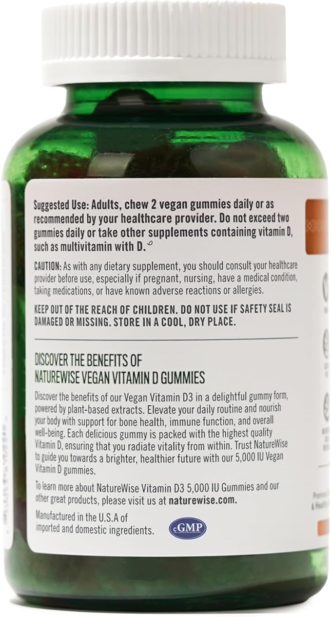 NatureWise Vitamin D3 5000 IU Gummies - Mixed Berry Flavor - Vegan D from Lichen, Pectin Based, Immune Support for Adults, Muscle & Bone Strength - Gluten Free, Non-GMO - 90 Count[45-Day Supply]