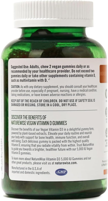 NatureWise Vitamin D3 5000 IU Gummies - Mixed Berry Flavor - Vegan D from Lichen, Pectin Based, Immune Support for Adults, Muscle & Bone Strength - Gluten Free, Non-GMO - 90 Count[45-Day Supply]