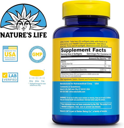 Nature's Life Black Seed Oil 2000mg - Nigella Sativa Oil, Cold Pressed from Black Seeds - w/Thymoquinone, Omega 6 9 - Joint Support, Digestion, Immune Support - 60-Day Guarantee, 45 Serv, 90 Softgels