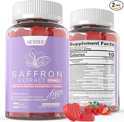 Sugar Free Saffron Gummies - Saffron Supplement Gummies 100% Pure Saffron Extract Whole Herb Gummies with Honey for Mood & Power, Vitamin B6, B12, D3, C - Organic, Vegan, Mixed Berry Flavor - 120Cts